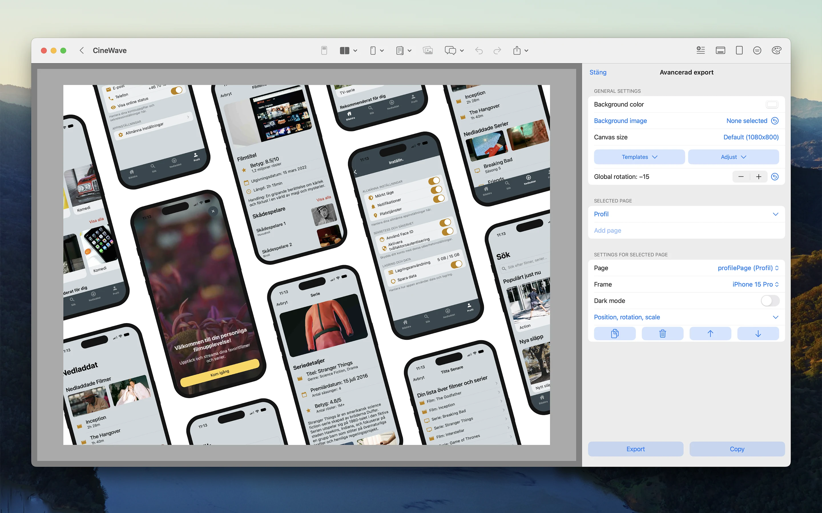 Pixelmost editor showing mobile app screens with advanced export color settings